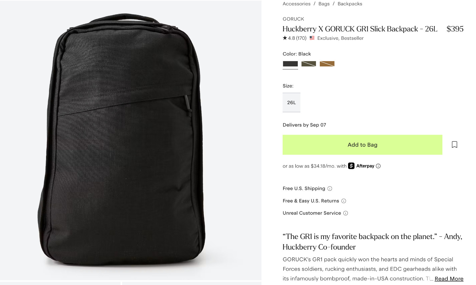 GORUCK x Huckberry Gr1 Slick Backpack 26L Black