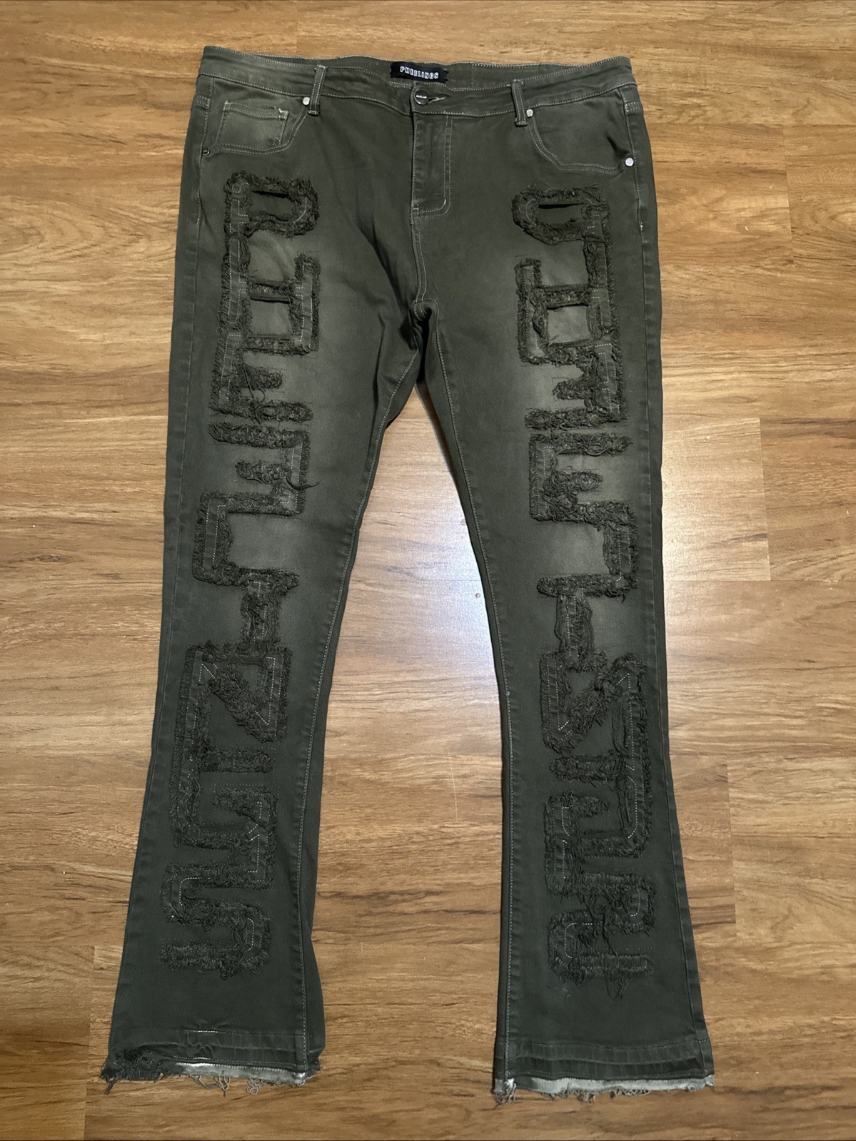 Pheelings Men\'s Faded Green Skinny Denim Jeans Size 42x33 Distressed Raw Hem