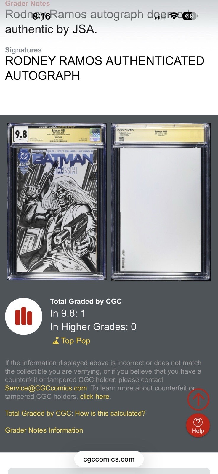 DC Comics Batman Trading Card #158 2025 CGC 9.8 SS Rodney Ramos Auto JSA DC Comics Batman Trading Card #158 2025 CGC 9.8 SS Rodney Ramos Auto JSA