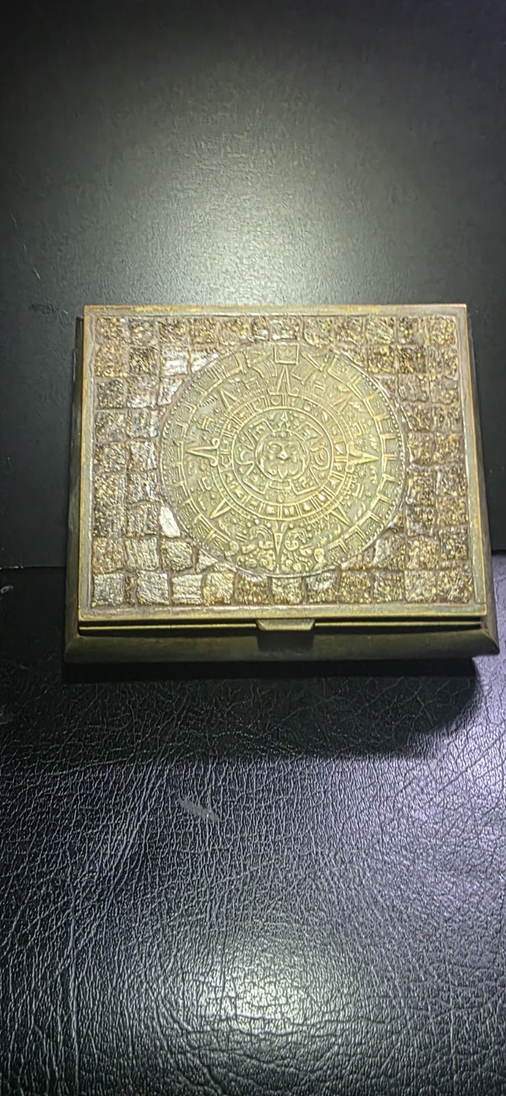 Vintage Mid-Century Mexican Brass Mosaic Trinket Box Aztec Calendar 4.5\ Vintage Mid-Century Mexican Brass Mosaic Trinket Box Aztec Calendar 4.5\
