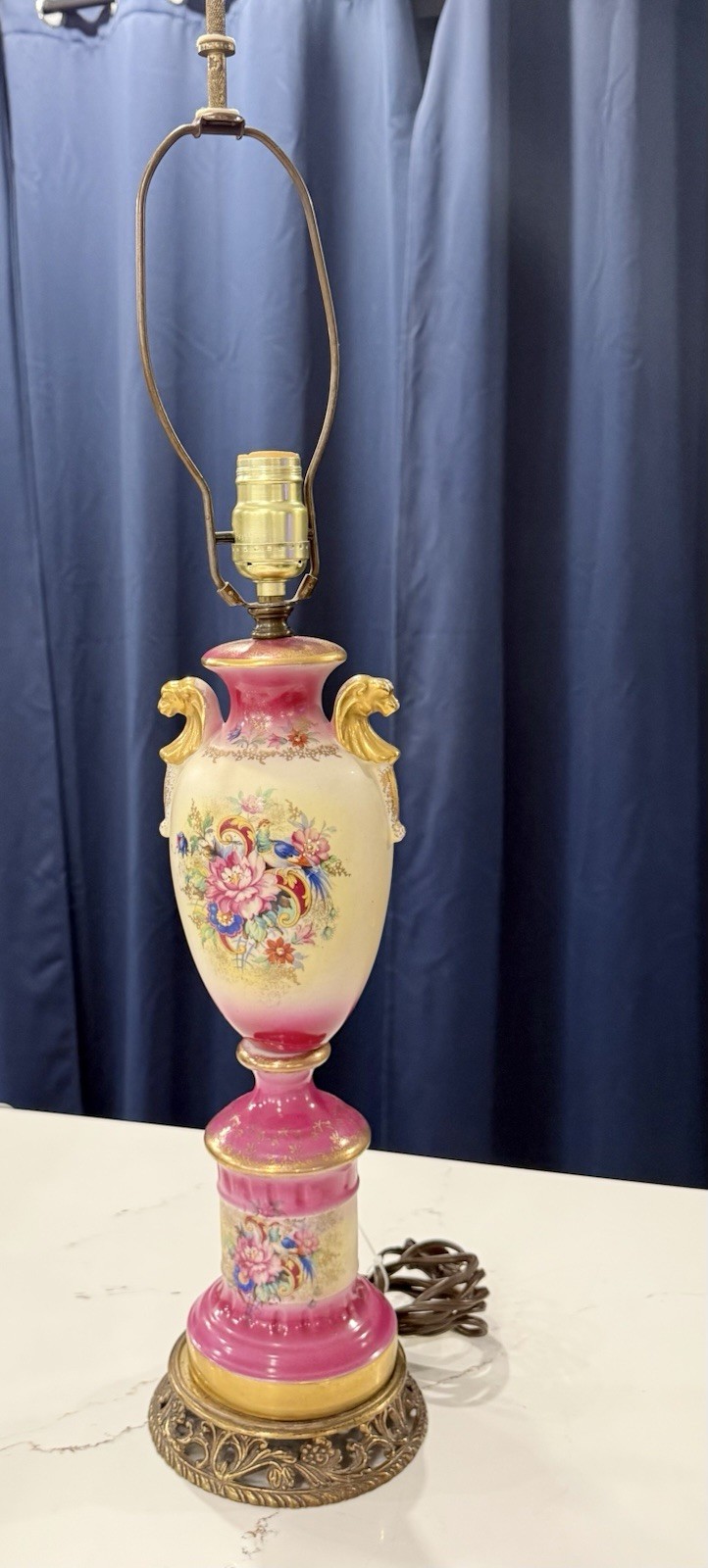 Vtg French Colonial Antique Painted Ceramic Floral Table Lamp Art Deco No Shade
