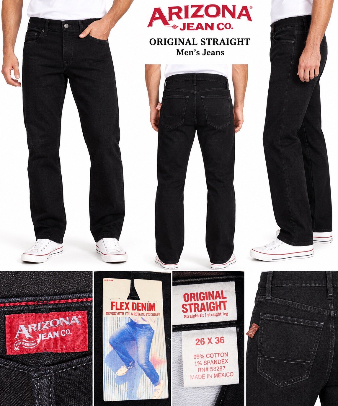 Arizona Jean Co. Men\'s 26X36 Straight Flex Denim Jeans Black Cotton Stretch (GH) Arizona Jean Co. Men\'s 26X36 Straight Flex Denim Jeans Black Cotton Stretch (GH)