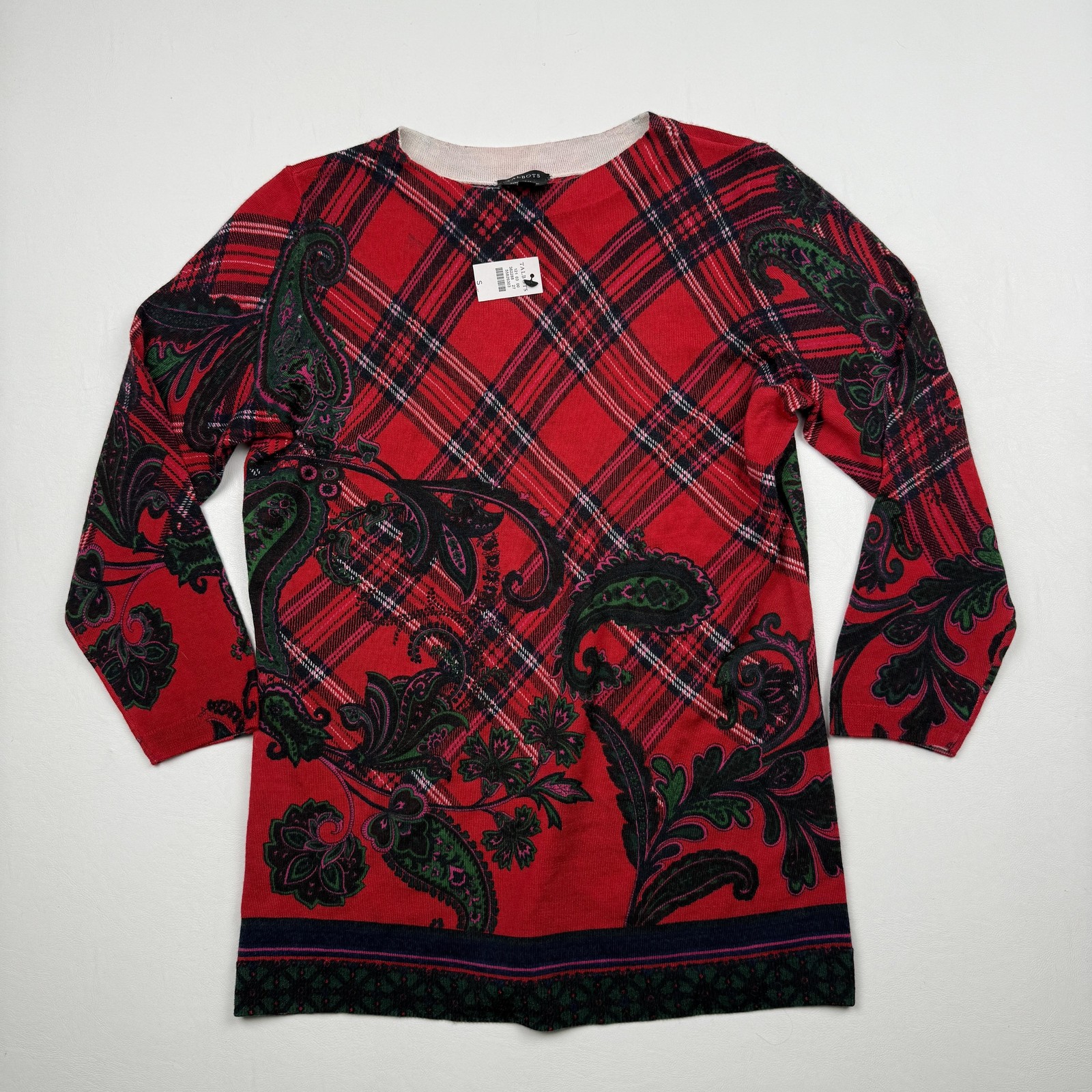 Talbots Sweater Womens Small Red Black Plaid Paisley Merino Wool Pullover New Talbots Sweater Womens Small Red Black Plaid Paisley Merino Wool Pullover New