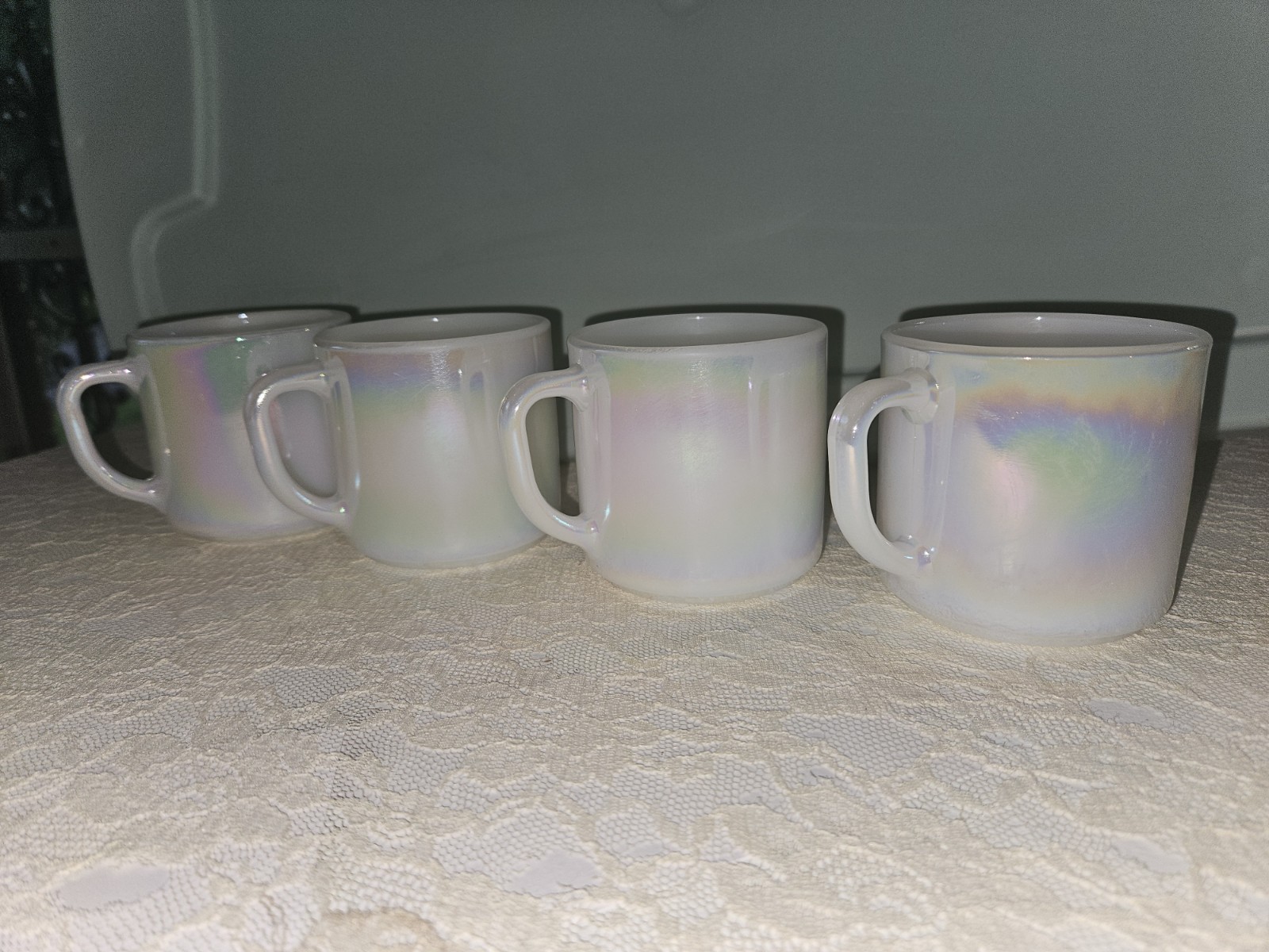 Vtg Federal Iridescent Milk Glass (2 Mugs) Cups F Shield USA Stacking Moonglow