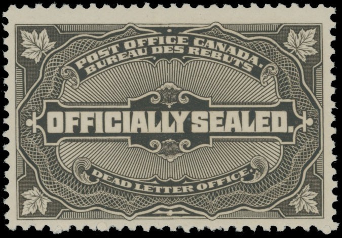 1913 CANADA OFFICIAL SEAL-DEAD LETTER OFFICE, NO VALUE IN BLACK BROWN NH UN.#OX4
