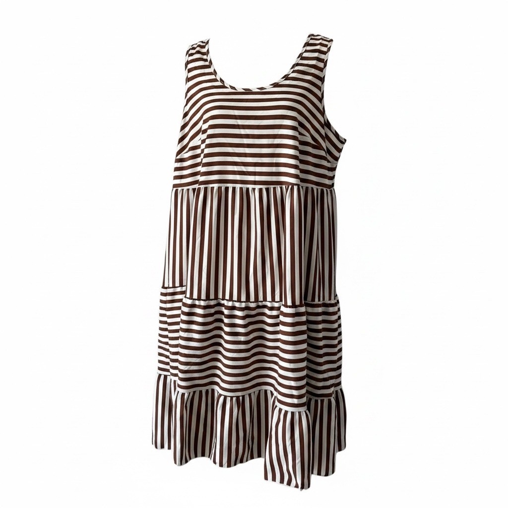 SHEIN Brown White Striped Tiered Babydoll Dress Sleeveless 1XL Tank Mini SHEIN Brown White Striped Tiered Babydoll Dress Sleeveless 1XL Tank Mini