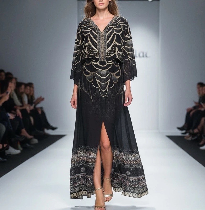 Camilla Under A Full Moon Front Split Maxi Dress Size S Elegant Black Gold Silk Camilla Under A Full Moon Front Split Maxi Dress Size S Elegant Black Gold Silk