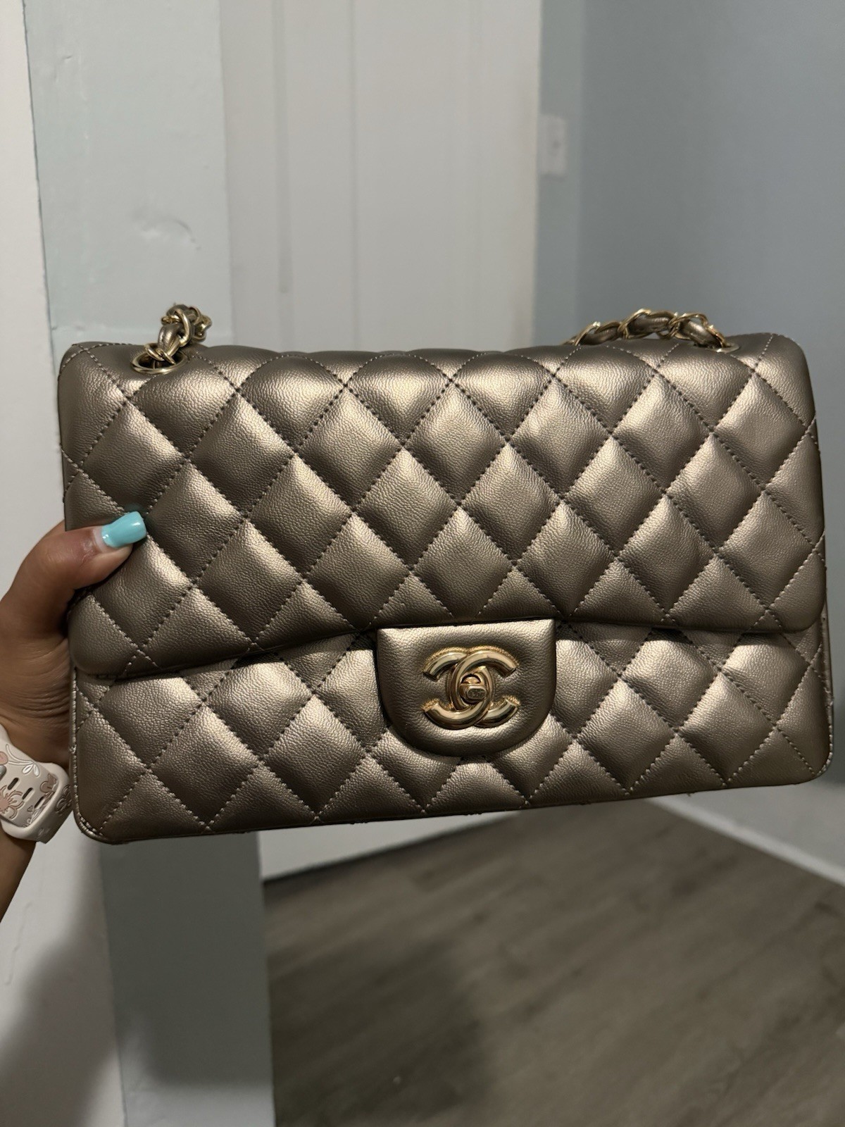 CHANEL Metallic Gold Quilted Flap Shoulder Bag Chain Strap Turn Lock Red Lining