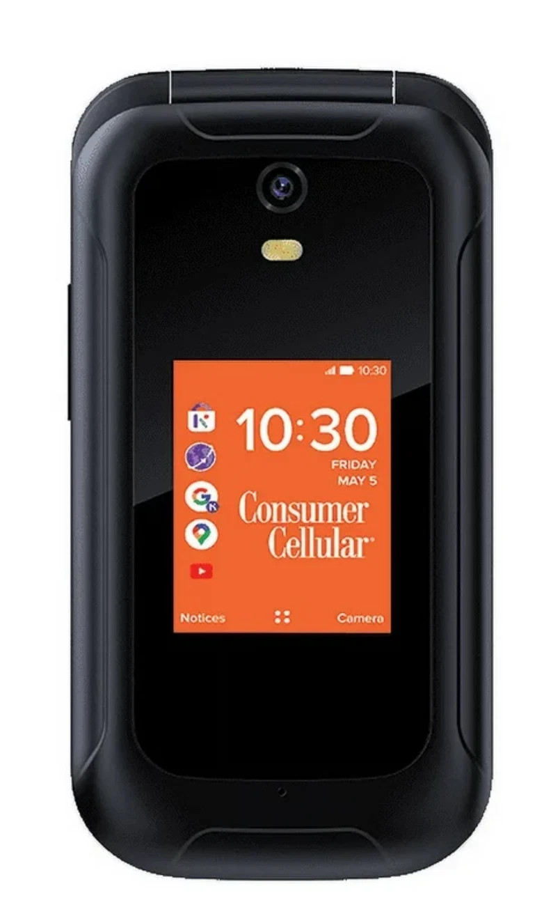 Consumer Cellular Iris Flip Phone 4G (GSM Unlocked) 2 Displays 8GB Voice-To-Text