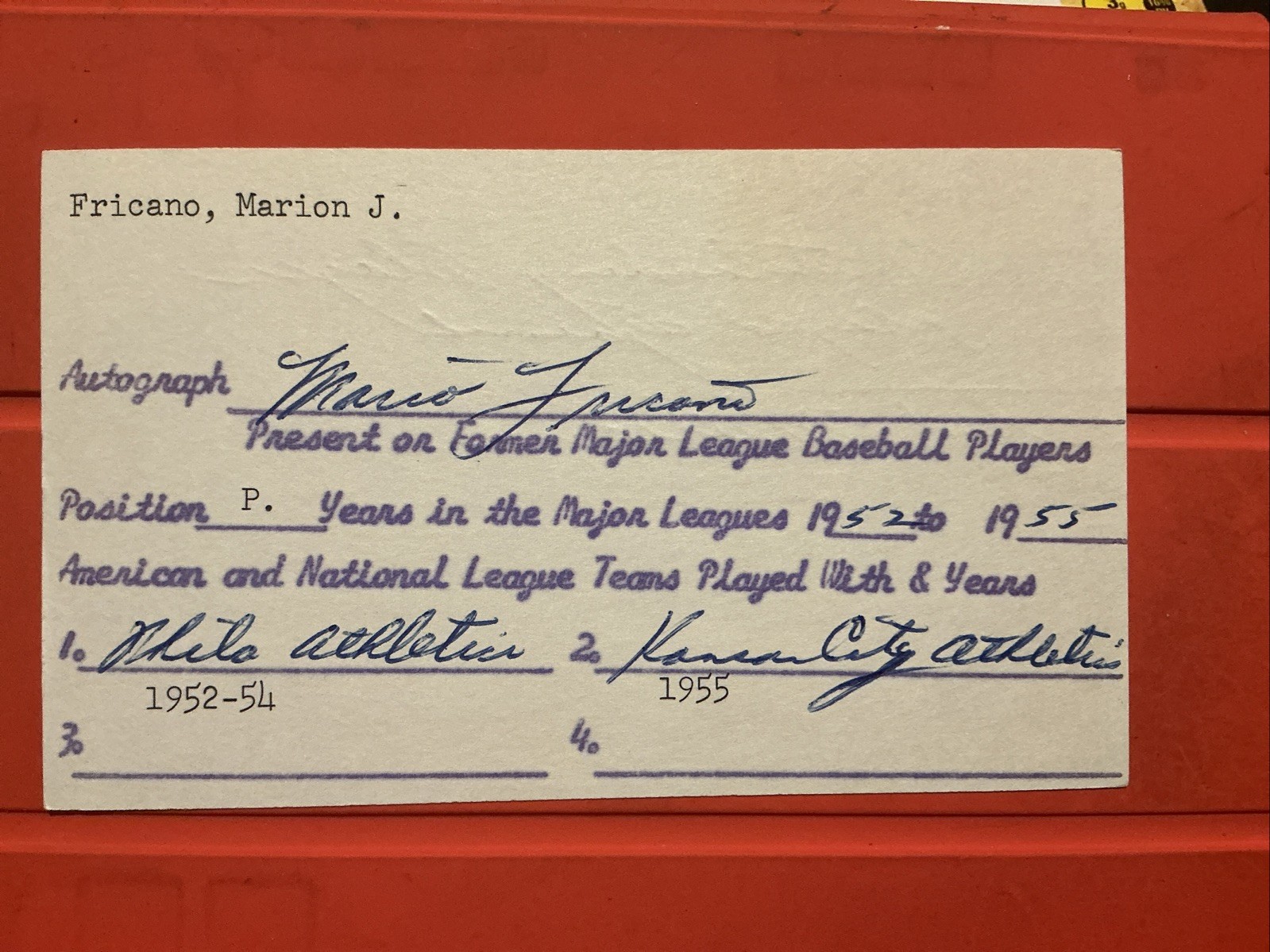Marion Fricano 🔥🔥🔥🔥MLB: 1952 Philadelphia Athletics 🔥🔥🔥🔥🔥🔥Autograph 🧢