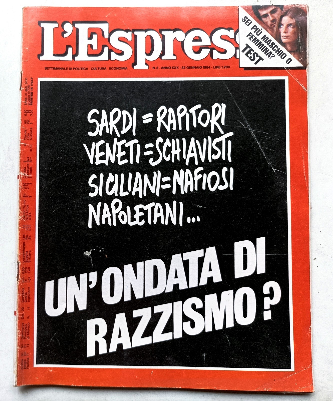 Rivista L\'ESPRESSO - Un\'ondata di razzismo? Sardi Veneti...- N.3 Gennaio 1984