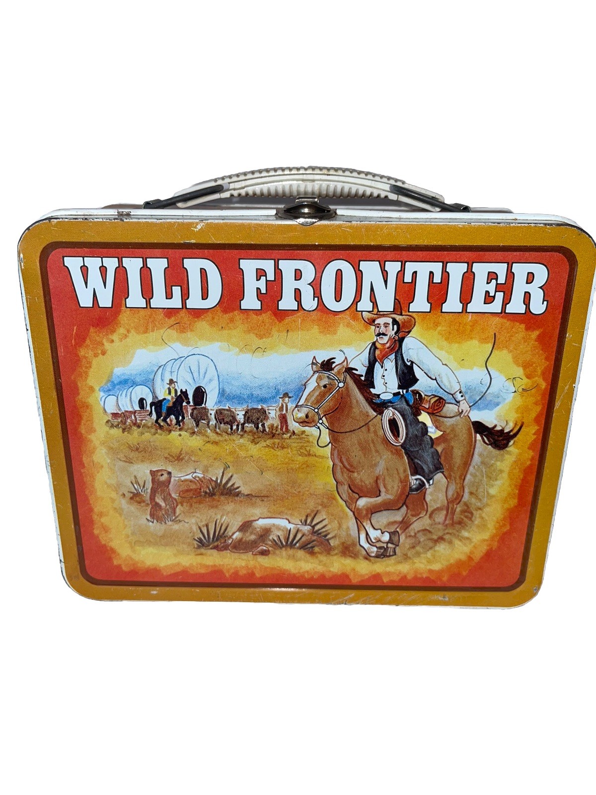 Vtg 1977 WILD FRONTIER METAL LUNCHBOX, Ohio Art, Western/Cowboys +Spinner Game