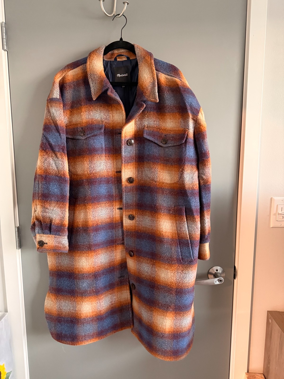 Madewell Plaid Wool-Blend Winter Jacket Coat Orange Blue