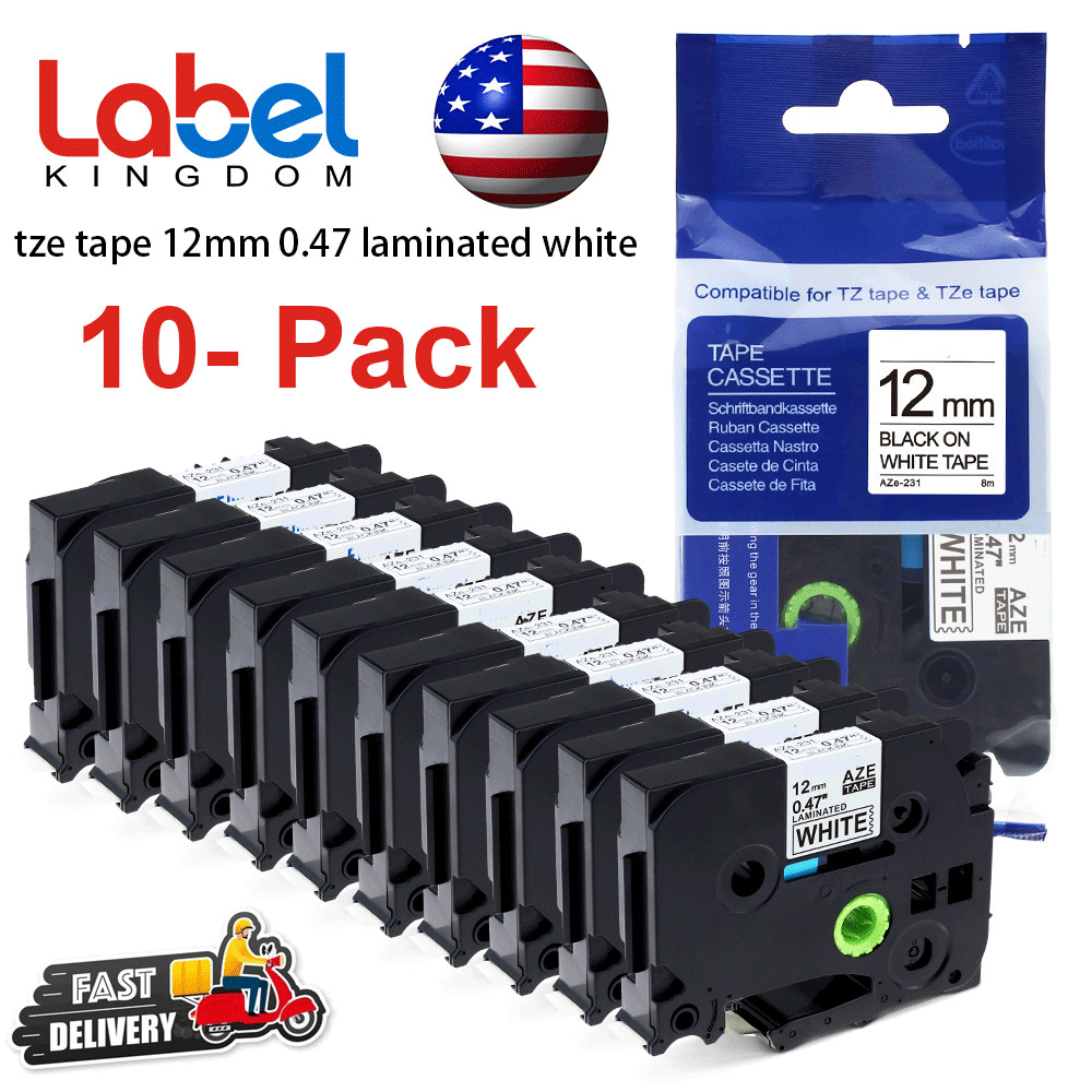 10PK For Brother P-Touch TZe-231 TZ-231 12mm White Standard Laminated Label Tape