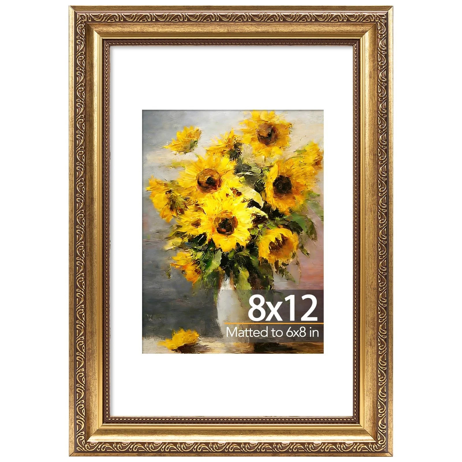 8x12 Vintage Picture Frame with 6x8 Mat, Elegant Retro 8 by 12 Photo Frame