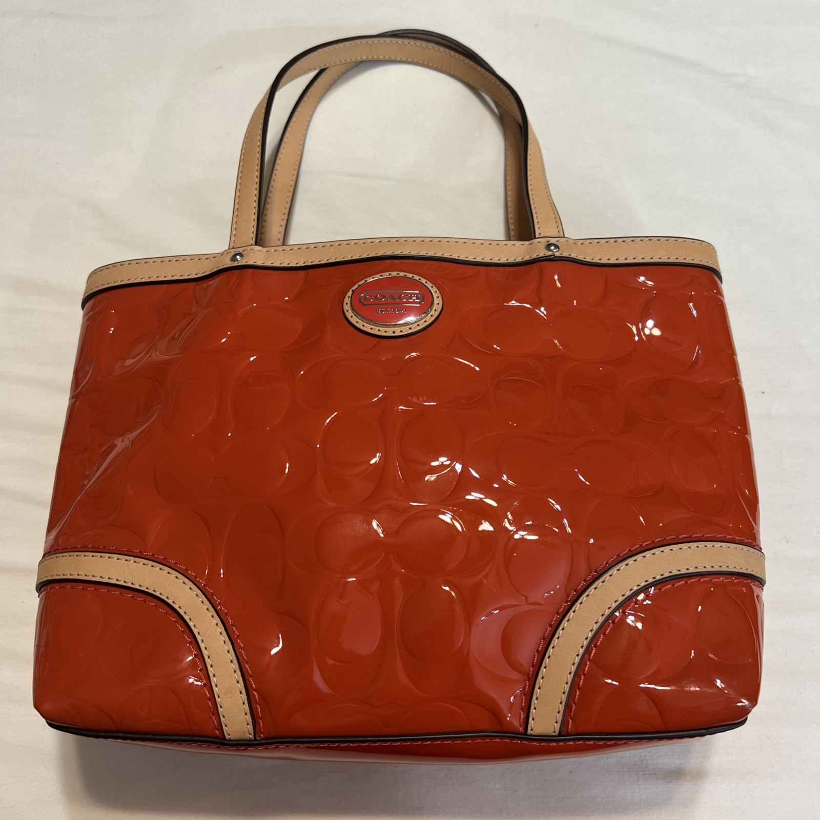 Coach Peyton Embossed Patent Leather Tote F48166 Orange Red, Tan Coach Peyton Embossed Patent Leather Tote F48166 Orange Red, Tan
