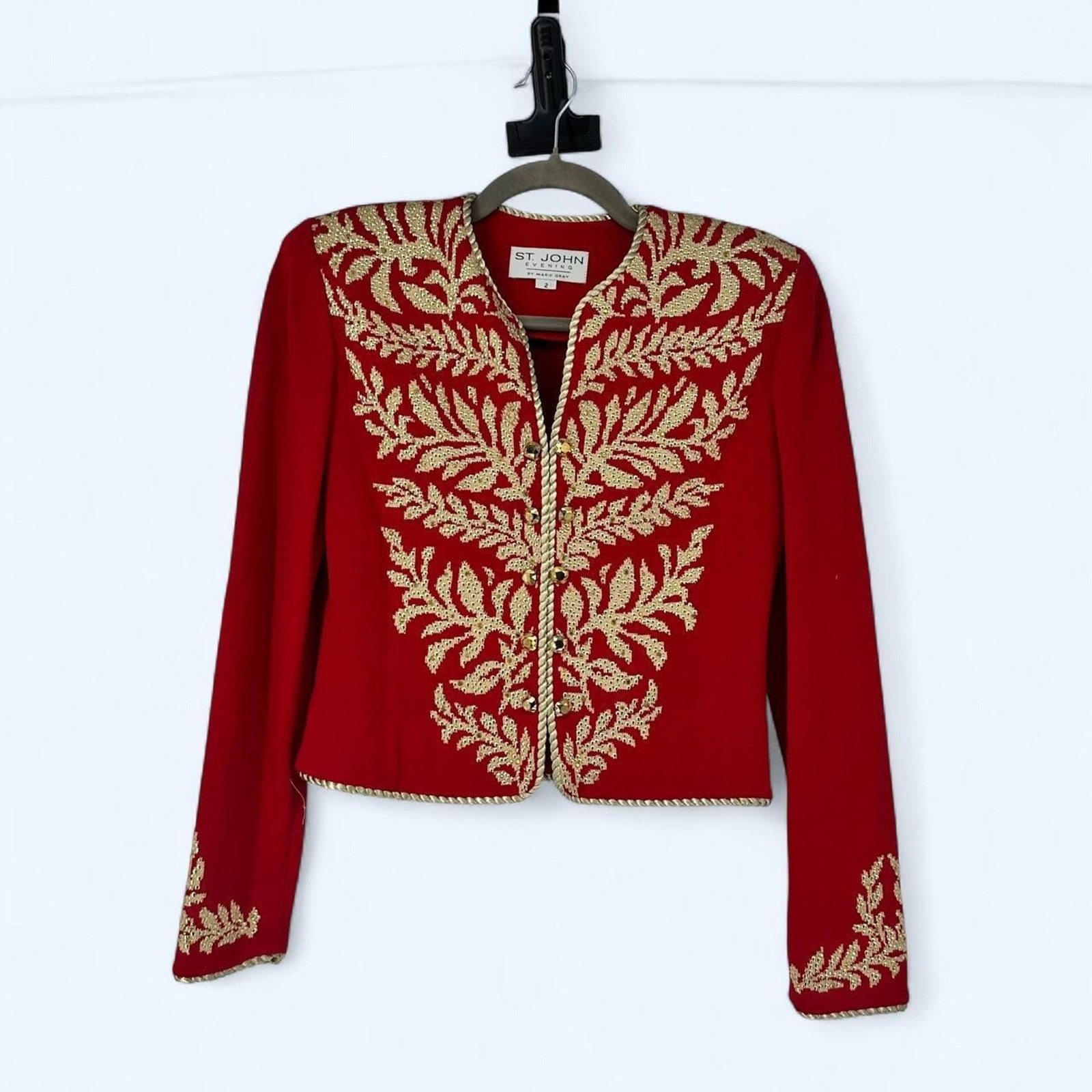 St. John Evening Marie Gray Red Gold Embroidered Knit Jacket c. 1990’s