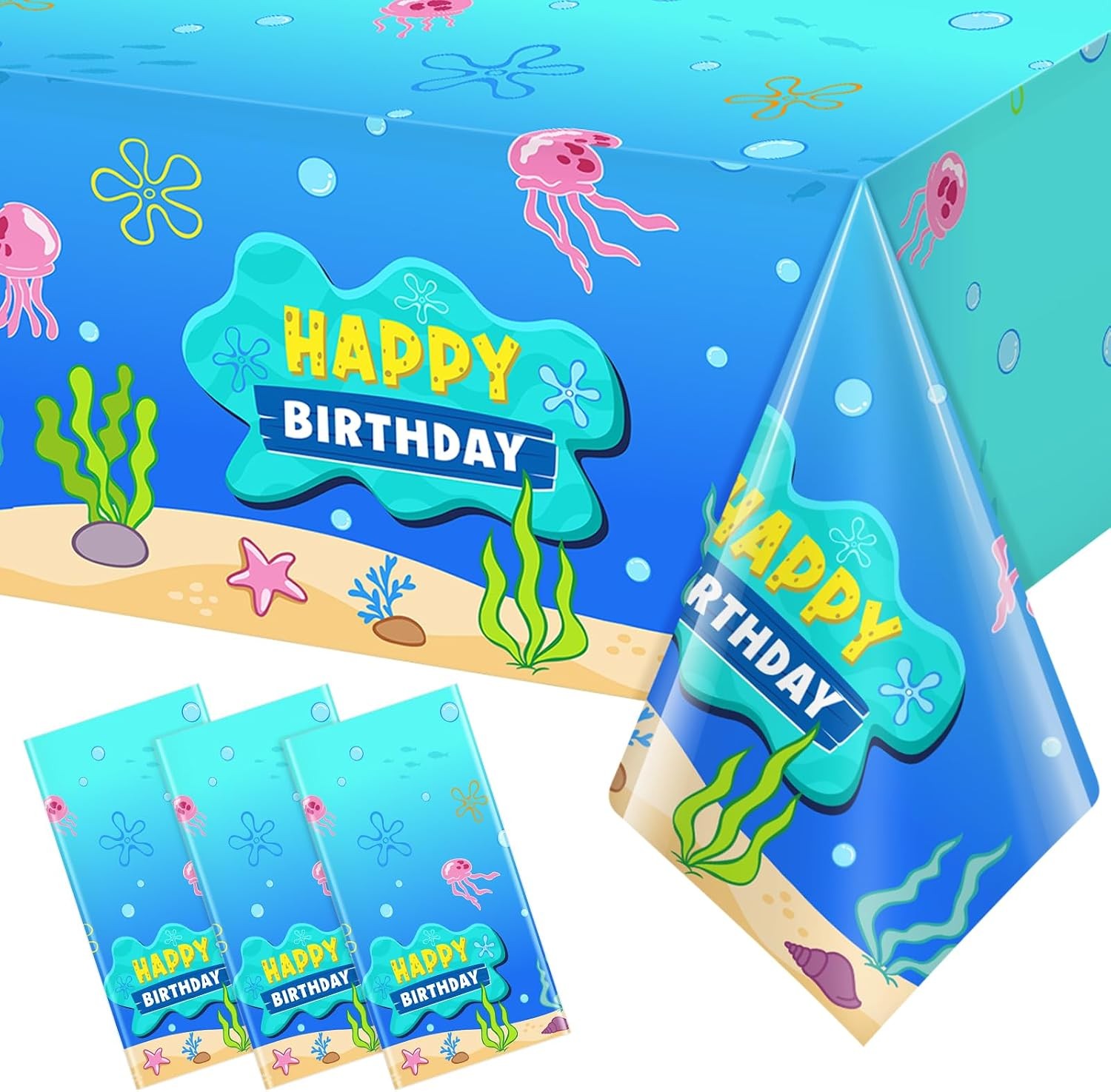 108x54”, Disposable Happy Birthday Table Cover Blue Ocean Jellyfish Seaweed 108x54”, Disposable Happy Birthday Table Cover Blue Ocean Jellyfish Seaweed