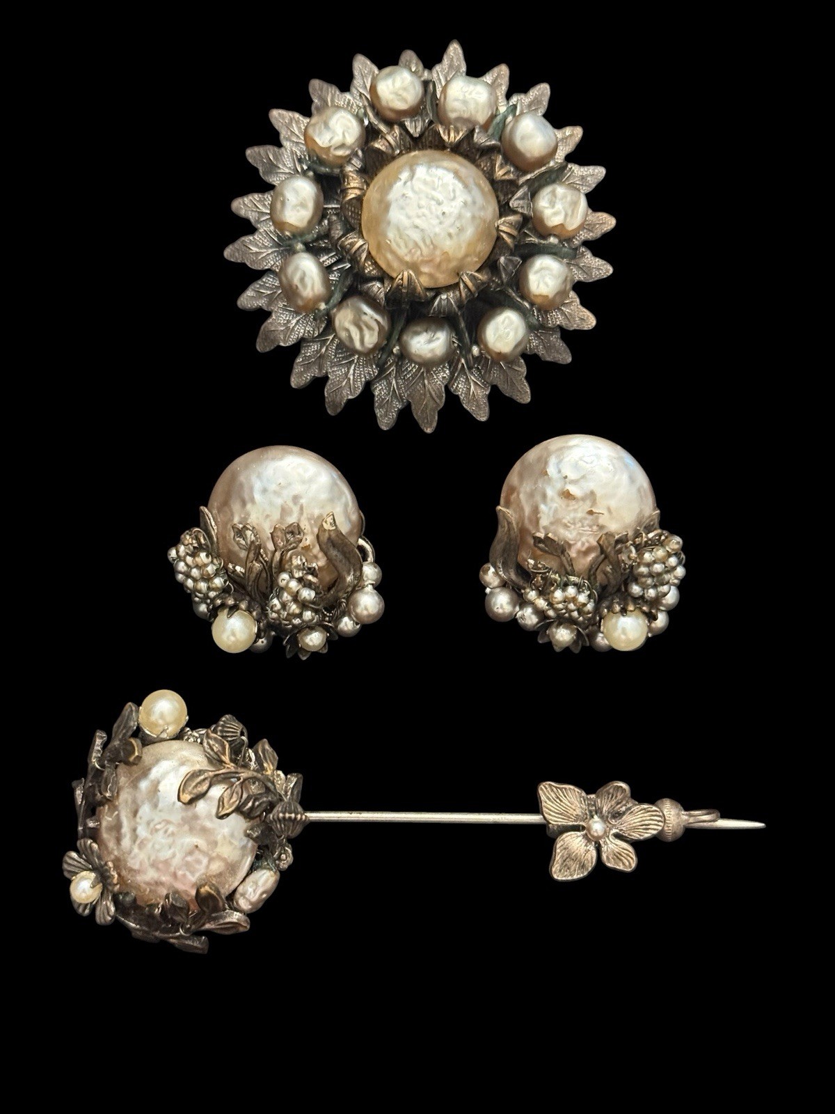 Vintage Miriam Haskell Signed 4 Pc Baroque Pearl Jewelry Lot Brooch Earrings Pin