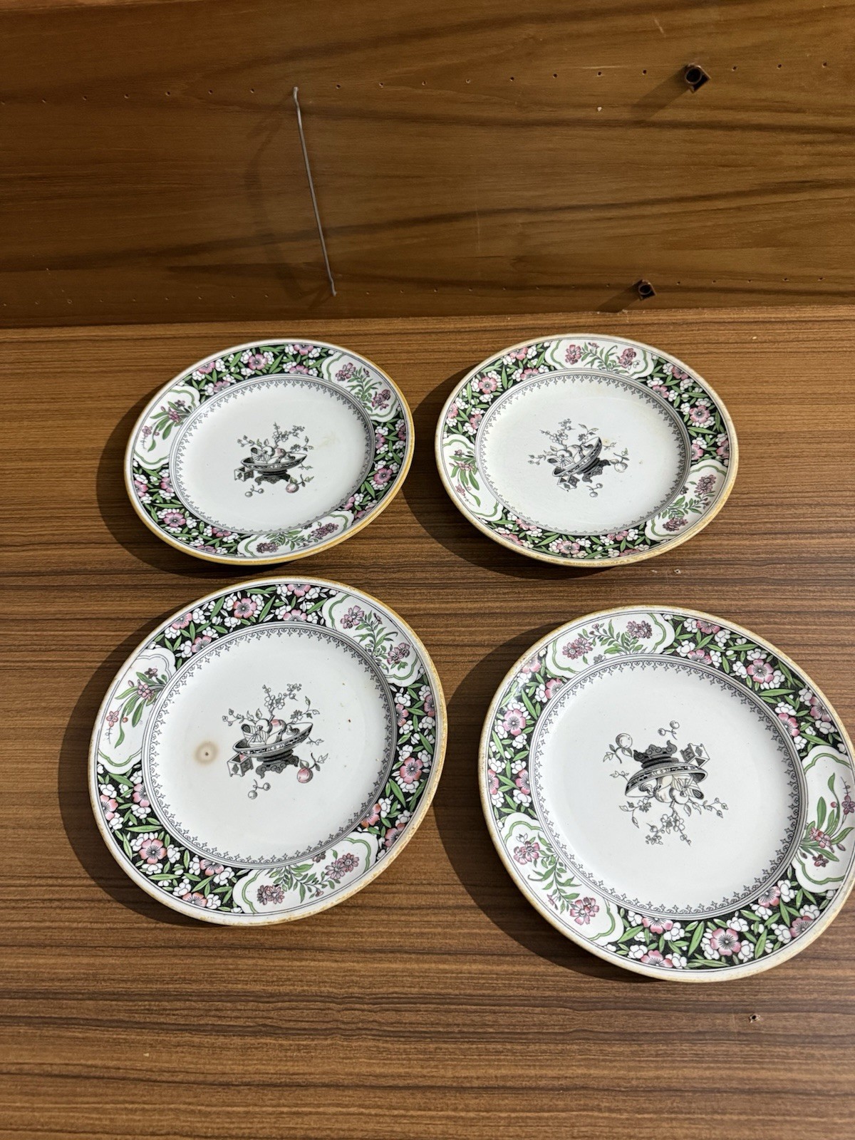 Antique Minton Chinese Blossom Plates Set of 4 9.5 Inch ~Floral Gold Rim