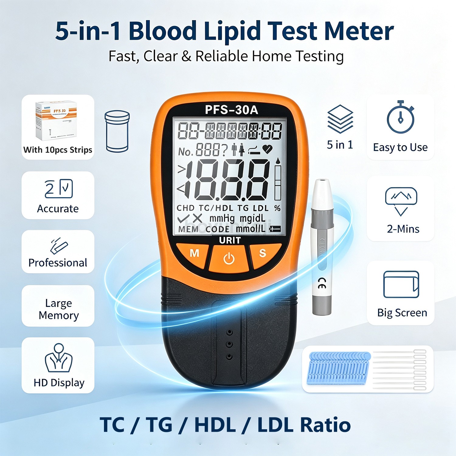 Cholesterol, triglyceride, five-item blood lipid analyzer kit (10 test strips)
