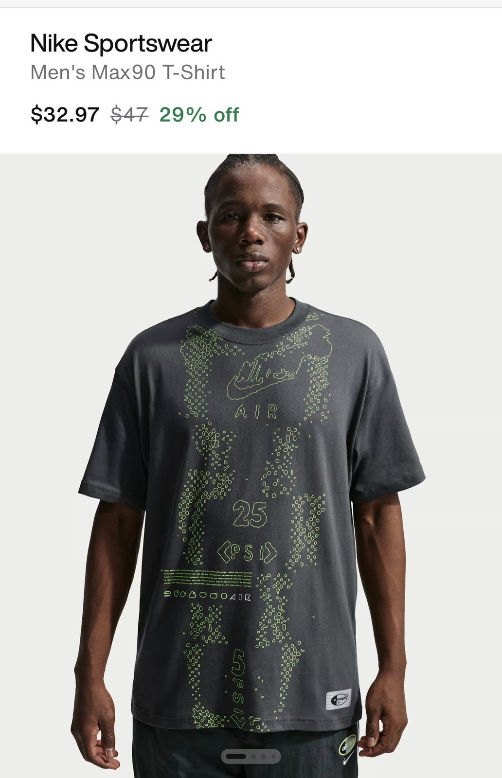 NWT Men\'s Nike Air Max Tee Neon Max90 Graphic T-Shirt Gray Neon Large IQ1004