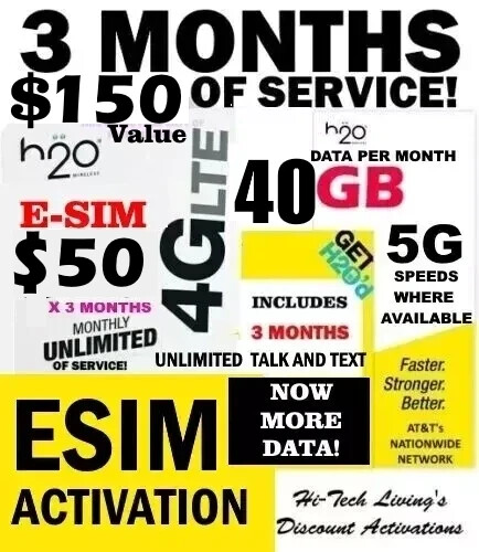 H2O H20 WIRELESS 💥 E-SIM ACTIVATION ⭐ w/ 3 MONTHS x $50 Plan ✅ $150 VALUE