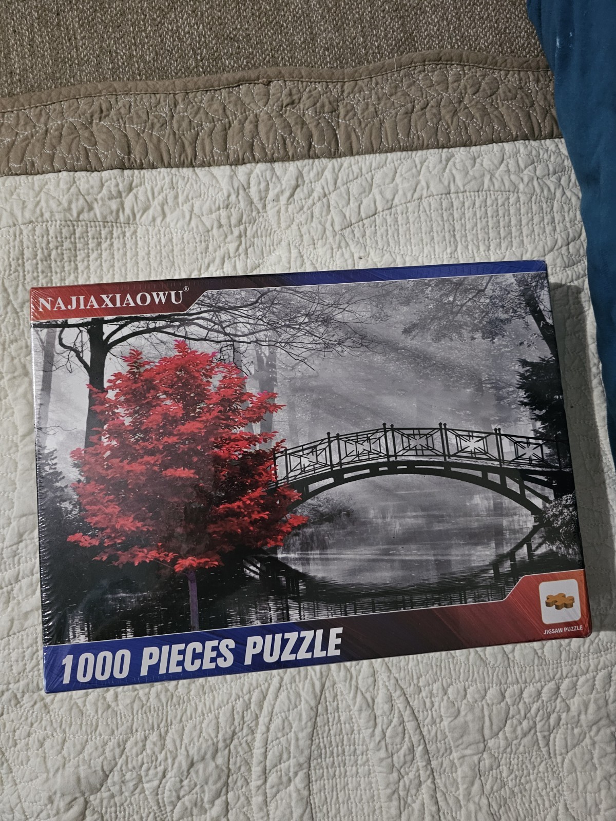 najiaxiaowu 1000 Piece Jigsaw Puzzle Black & White Bridge Red Tree Wood