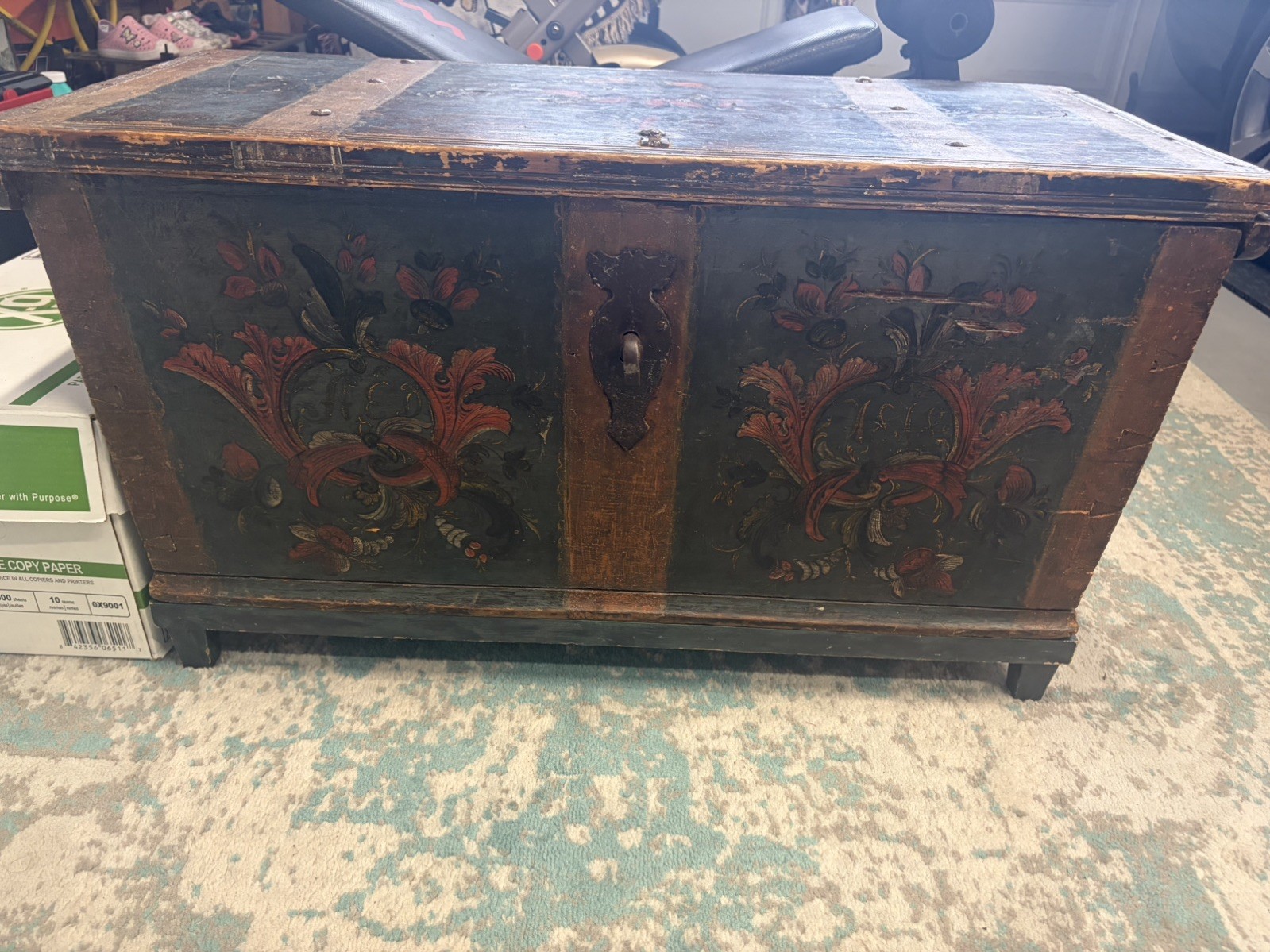 Antique 1818 Painted Folk Art Blanket Chest Dowry Trunk Wrought Iron Primitive