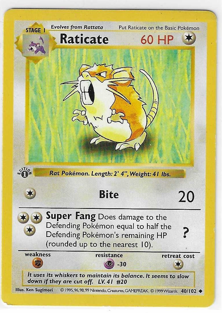 1999 Pokémon Raticate  1st Edition Shadowless 40/102