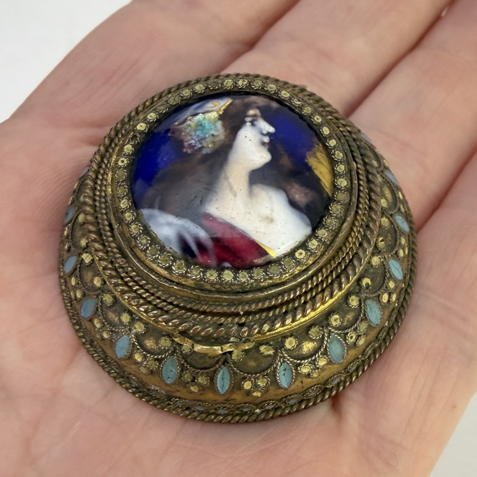 Antique Portrait Trinket Box Painted Enamel Bronze Gilt Victorian Pill Box Antique Portrait Trinket Box Painted Enamel Bronze Gilt Victorian Pill Box