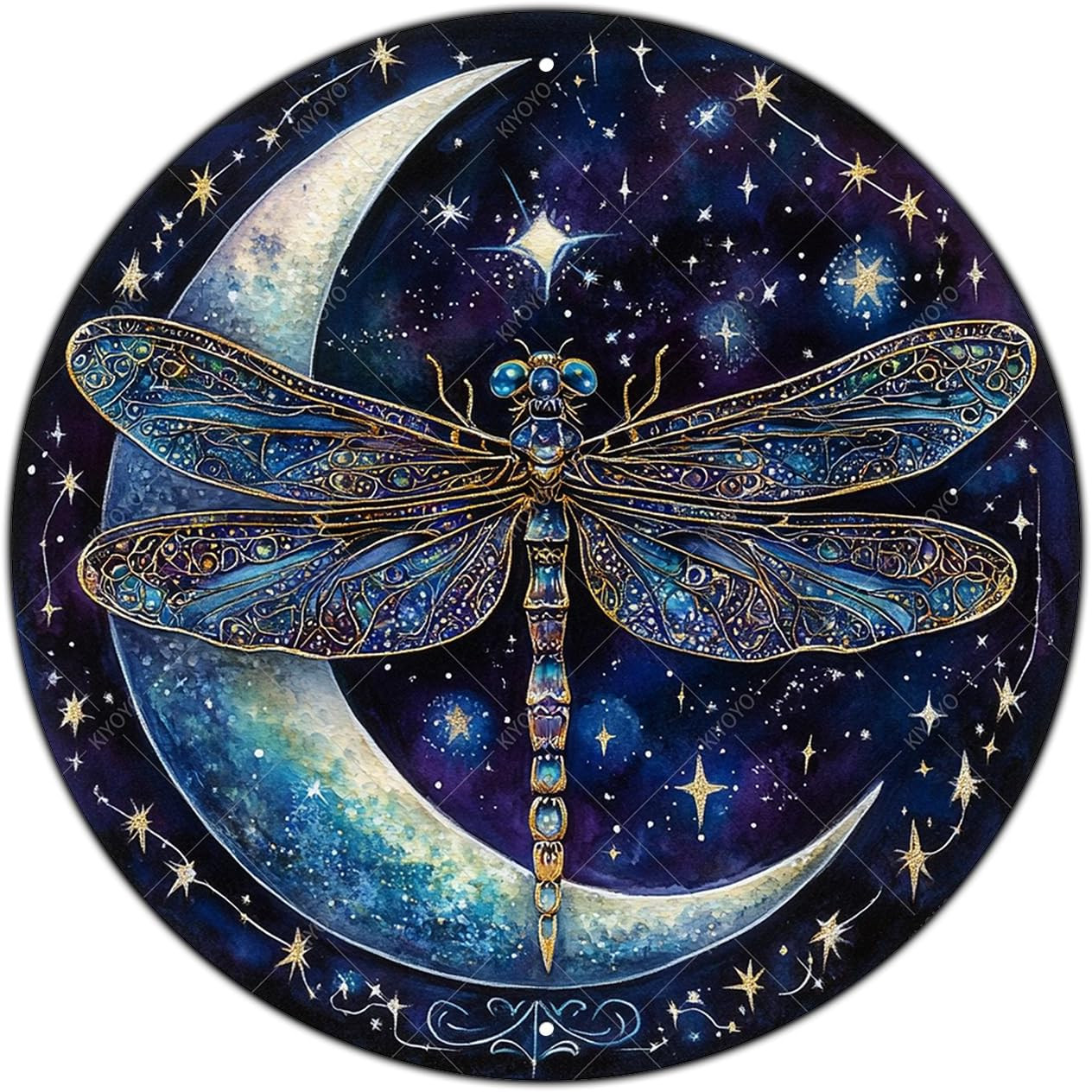 Vintage Dragonfly Moon Decor Round Dragonfly Moon Metal Sign Wall Art Rustic Wre