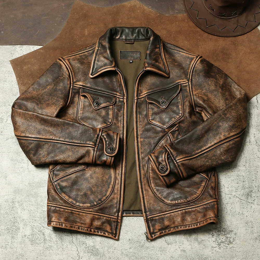 Men's Distressed Brown Buffalo Leather Jacket Vintage Western Zip Trucker Coat