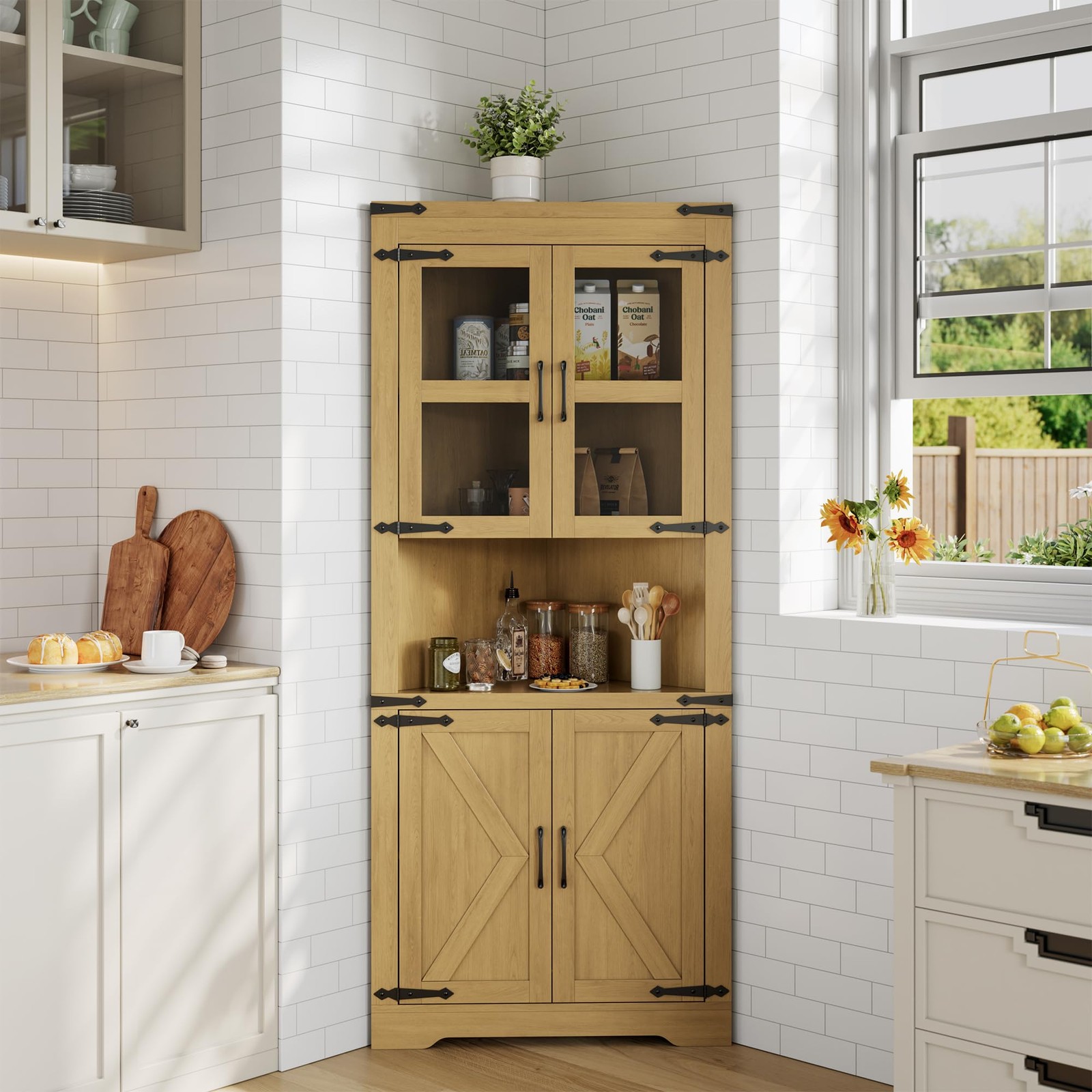 Space-Saving 67\'\' Tall Corner Storage Cabinet with Door, Modern Farmhouse Hutch Space-Saving 67\'\' Tall Corner Storage Cabinet with Door, Modern Farmhouse Hutch