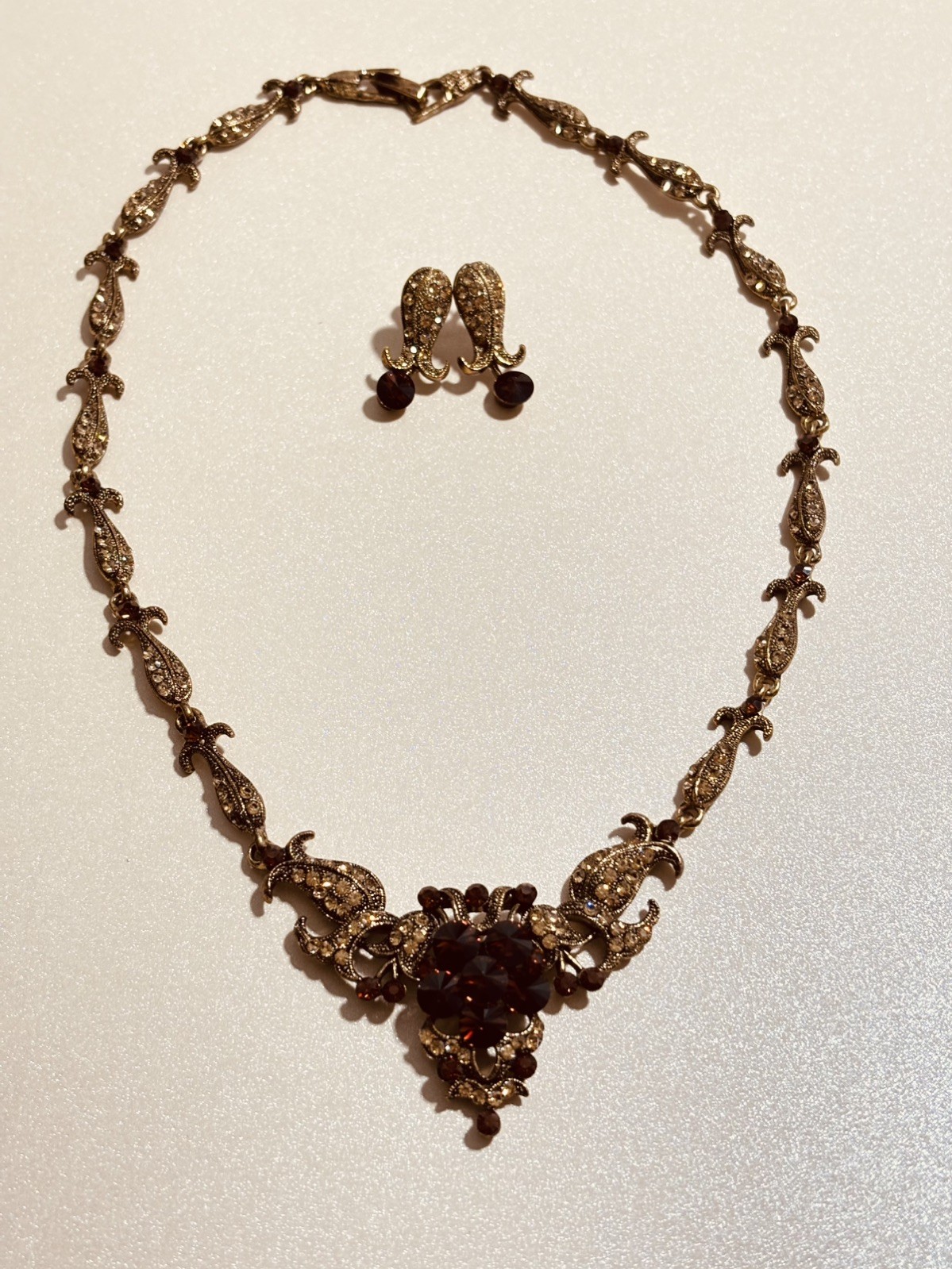 Vintage Signed CRAFT Gem-Craft Topaz Amber Rhinestone Filigree Necklace Earrings