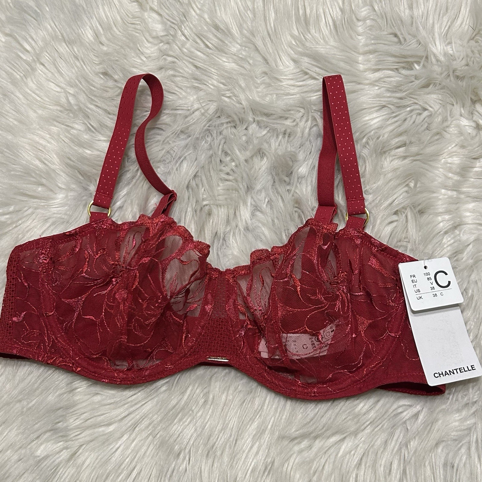 Chantelle 38C Bra Red Fleurs Demi Sheer Underwire Back Closure C12M50 NEW $125 Chantelle 38C Bra Red Fleurs Demi Sheer Underwire Back Closure C12M50 NEW $125
