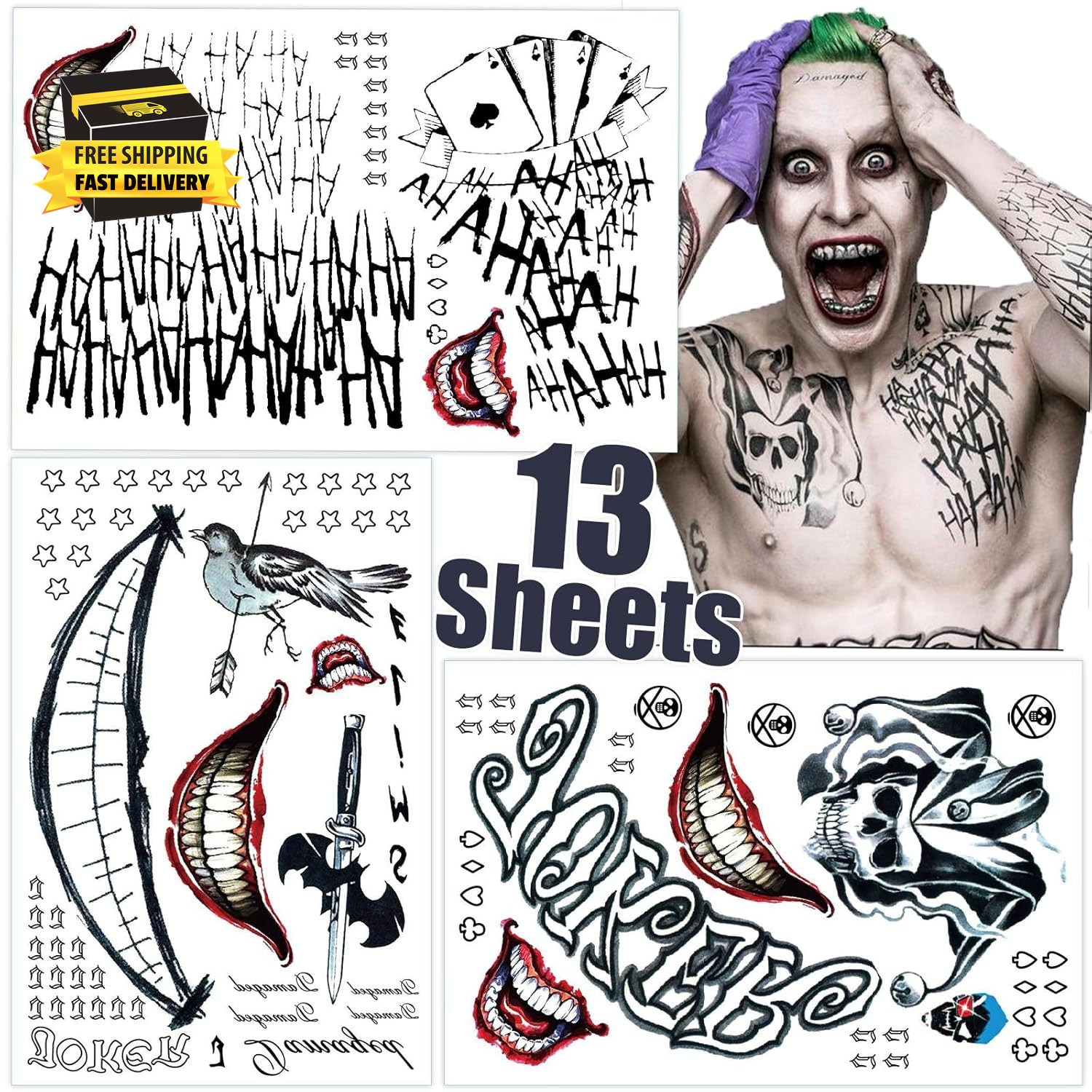 Joker Tattoos 13 Sheets,Halloween Temporary Tattoos for Men,Suicide Squad Fake T