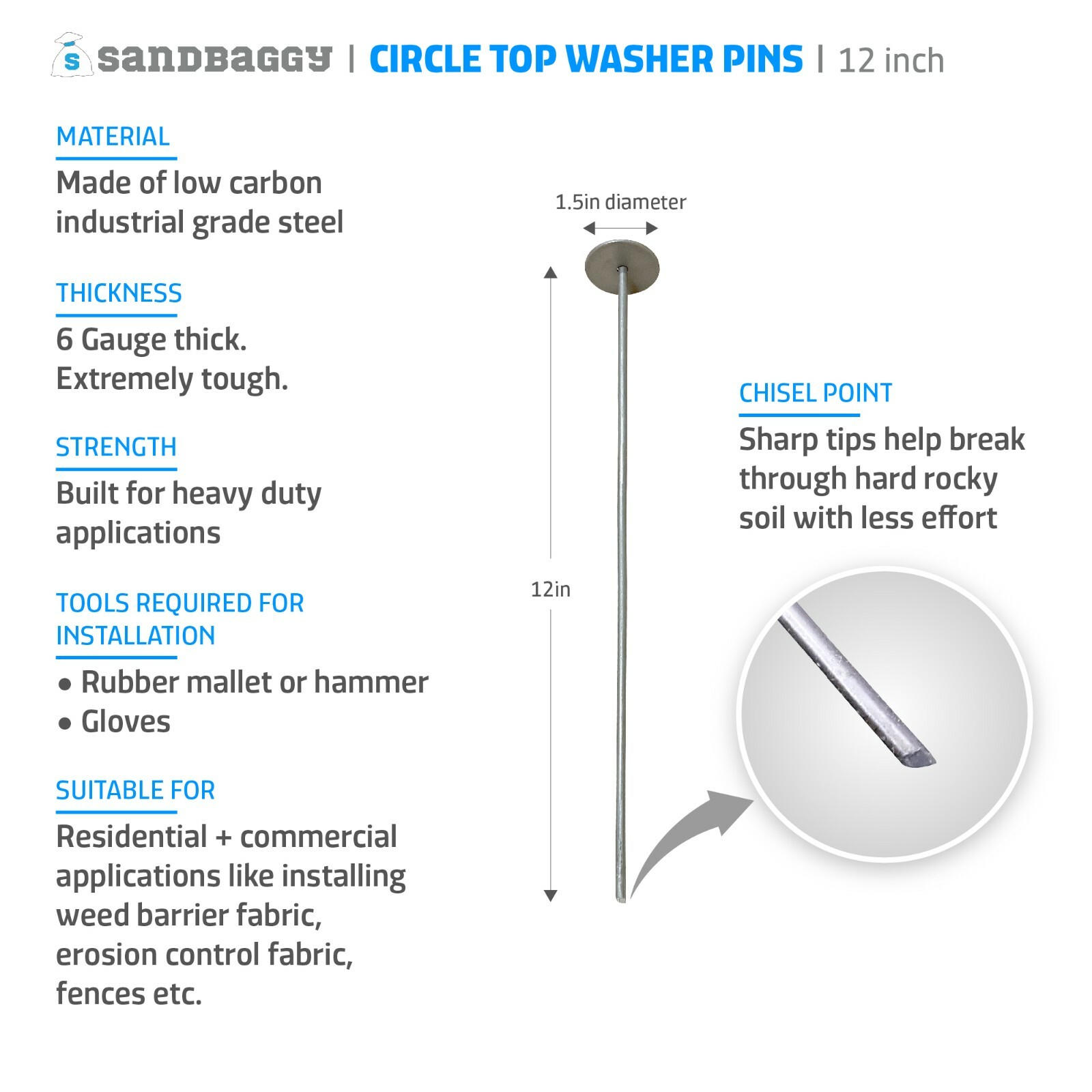 Sandbaggy Circle Top Washer Pins - Landscape Staples (12\