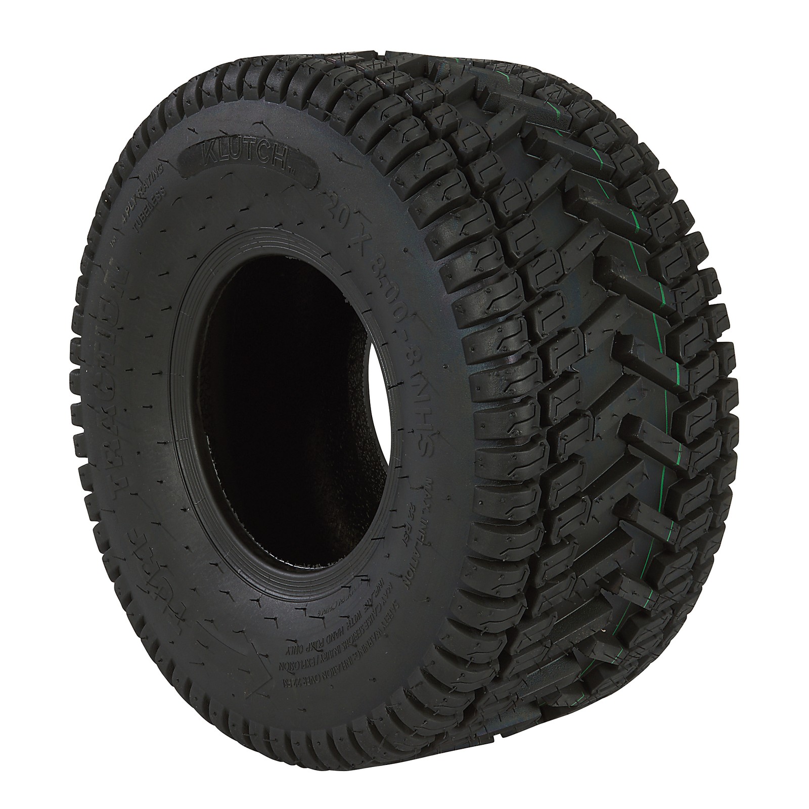 Klutch Pneumatic Lawn Mower Tire, 20x8.00-8, Turf Traction Tread, Tubeless Klutch Pneumatic Lawn Mower Tire, 20x8.00-8, Turf Traction Tread, Tubeless