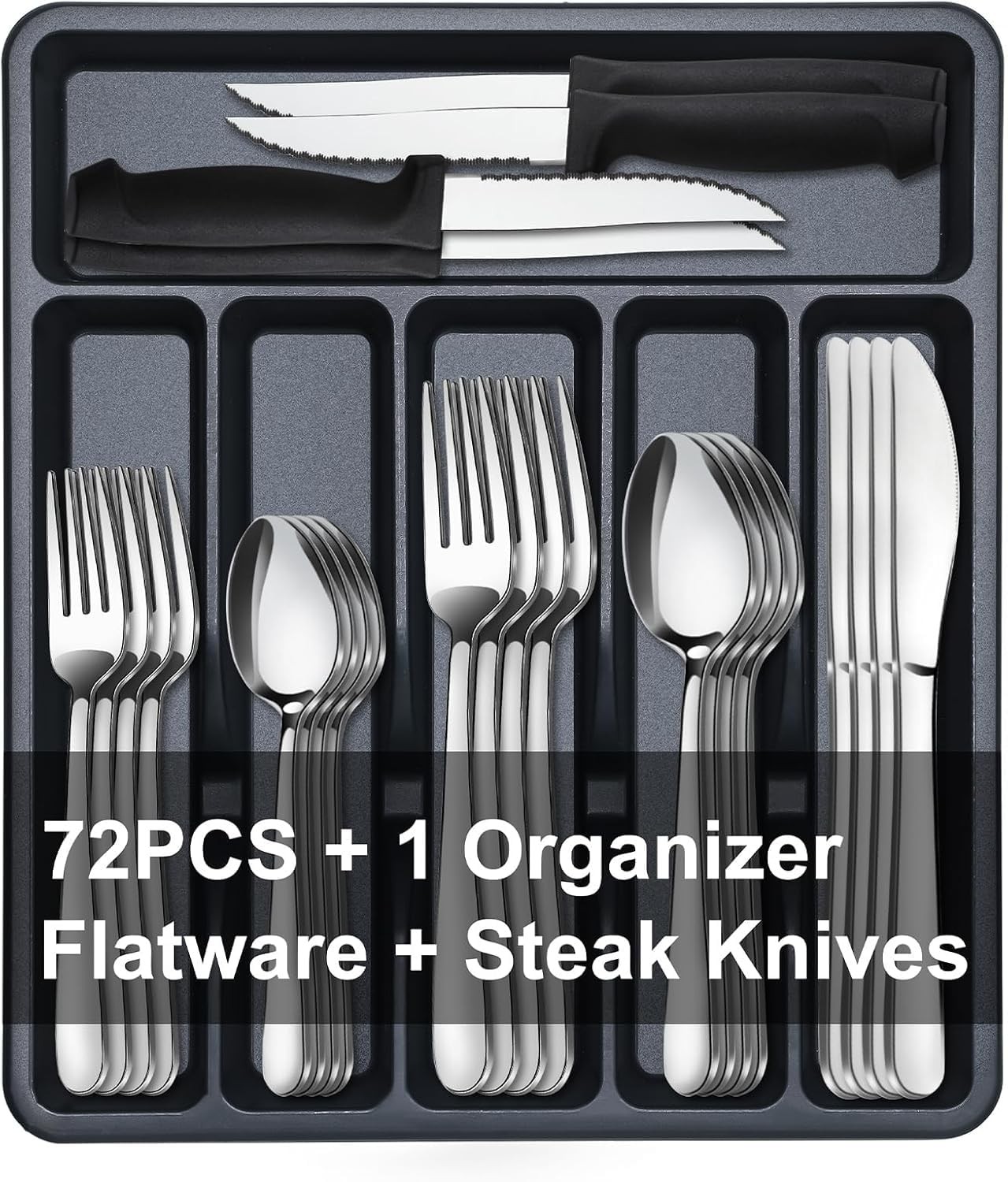 73-Piece Silverware Set with Organizer - Heavy Duty Stainless Steel Flatware ...