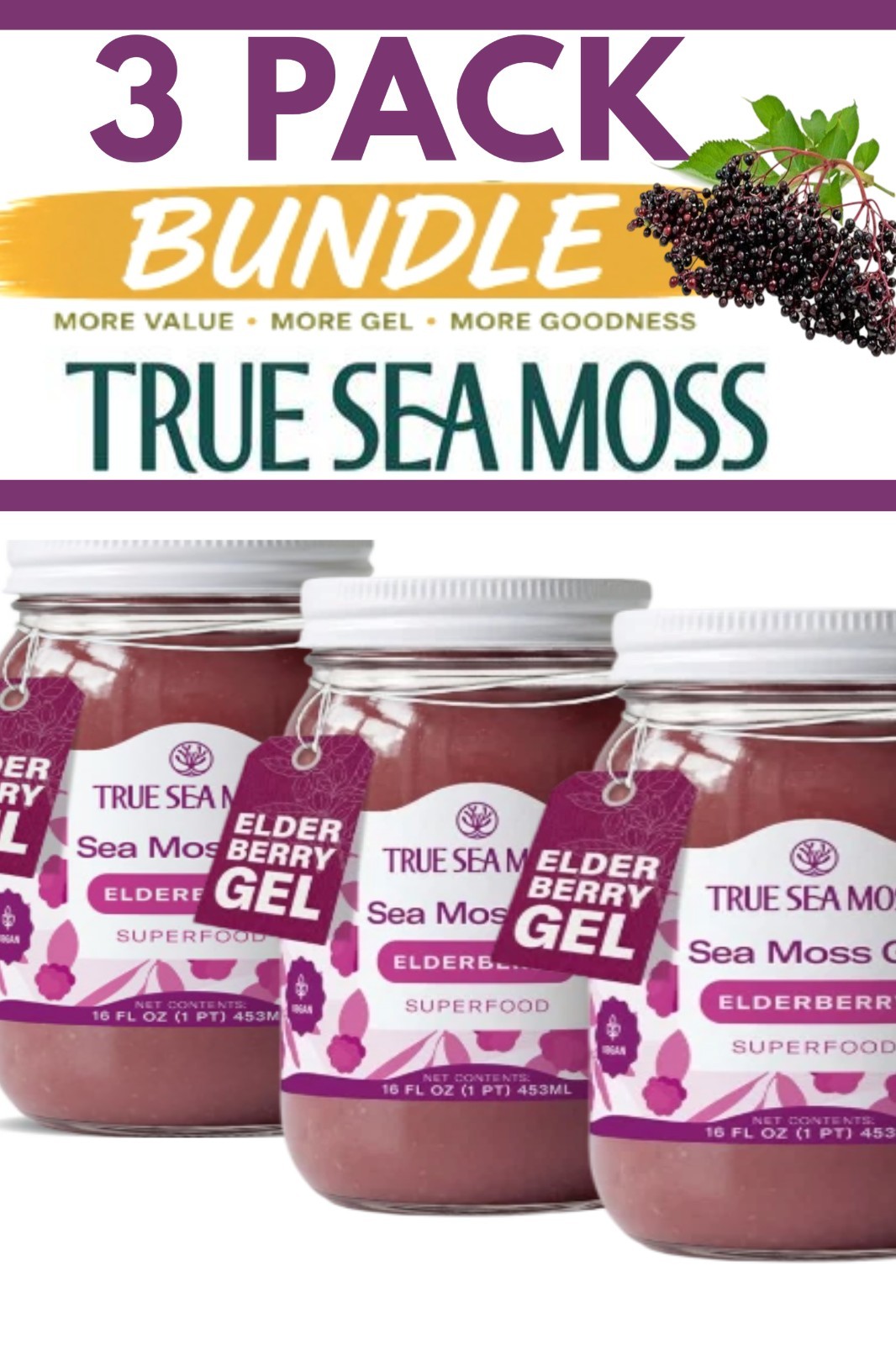3x True Sea Moss Gel Superfood Elderberry 16 fl oz
