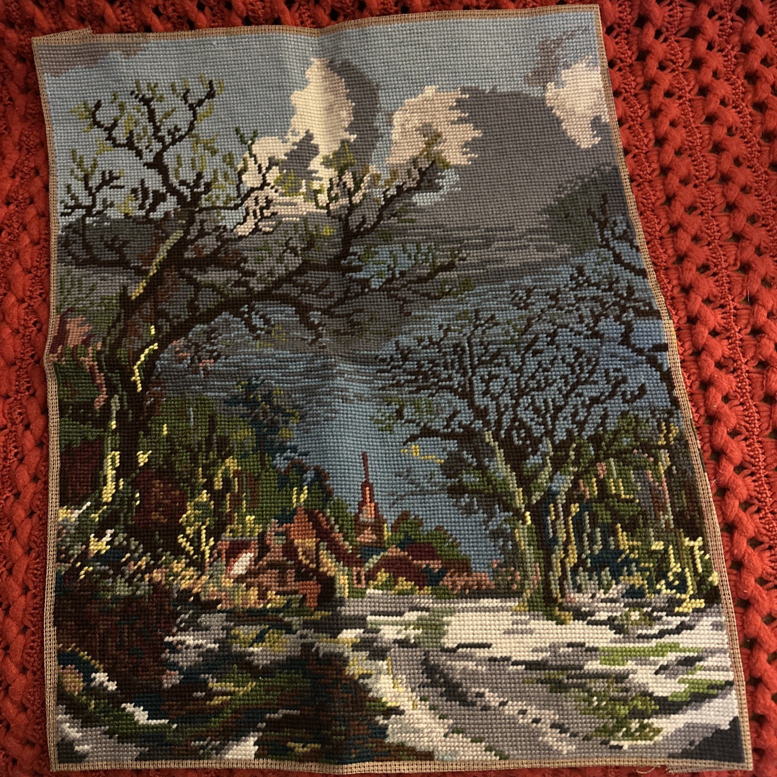 Vintage Hand Embroid Neddle Point Cross Stitch Scenic Scene Canvas Not Framed Vintage Hand Embroid Neddle Point Cross Stitch Scenic Scene Canvas Not Framed