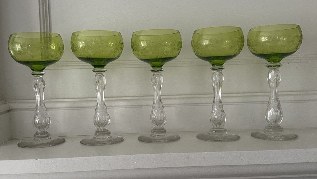 Vintage St. Louis chartreuse etched wine hocks - set of 5 Vintage St. Louis chartreuse etched wine hocks - set of 5