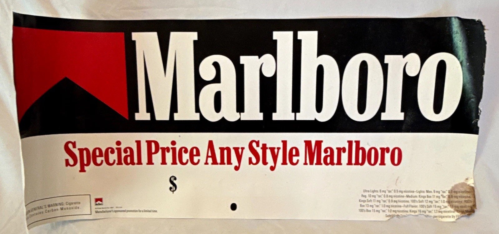 Marlboro \'Special Price Any Style Marlboro\' Tobacco Advertising POS Vintage Sign