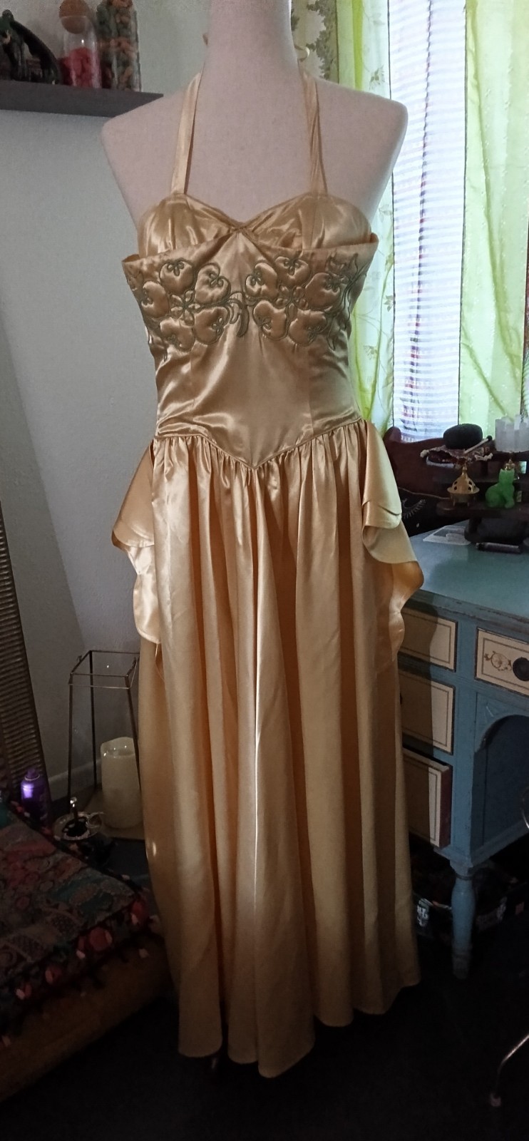VTG 1950s Sylvia Ann Bridal Gold Liquid Satin Prom Dress Halter Gown True 50s