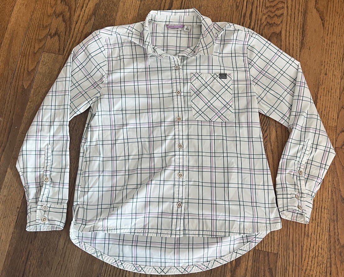Women’s LL Bean Button Down Hiking Shirt Pet Small White Green Pink