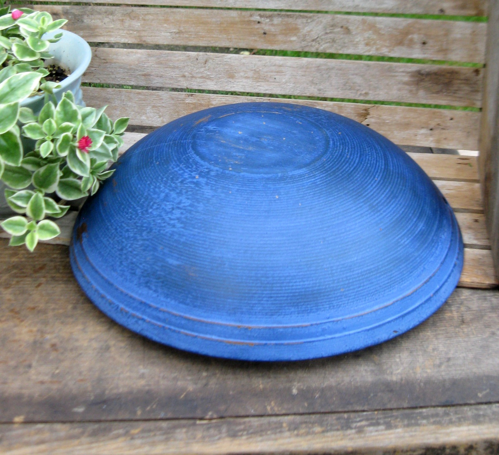 Large Antique Wood Dough Bowl w Double Rim Blue Milk Paint 13-1/2
