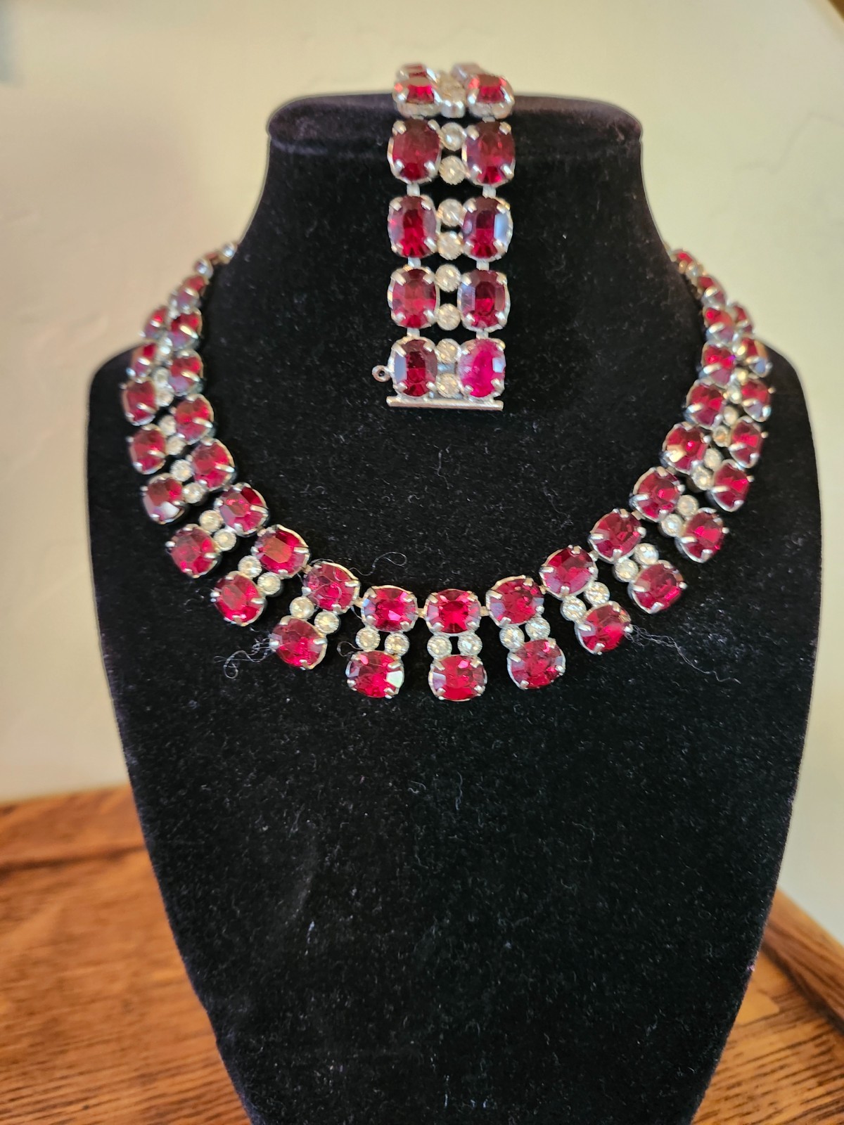 Vintage Trifari Ruby Red Rhinestone Demi Parure--Necklace and Bracelet Set