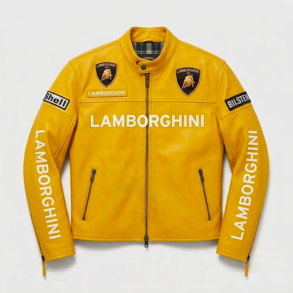 Lamborghini Yellow Leather Racing Jacket – Men\'s Vintage Biker Motorsport Gear