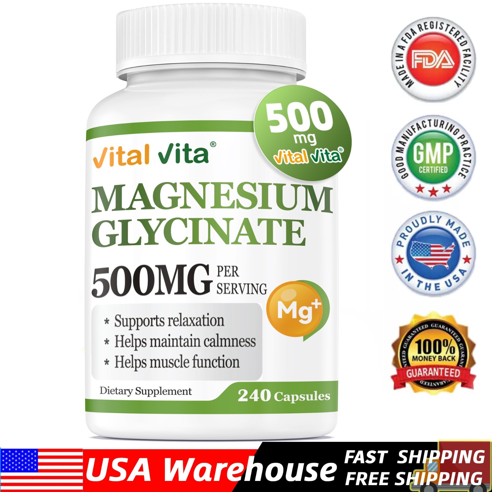 Ultra Pure Magnesium Glycinate 500mg 240 Caps - Max Absorption Calm